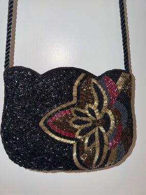Vintage La Bagagerie Paris Jean Marlaix Black Beaded Floral Crossbody Bag